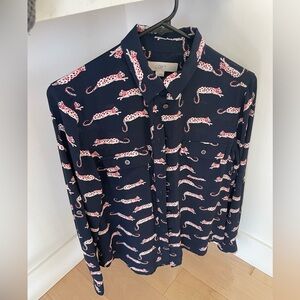 LOFT Navy Animal cheetah 🐆 pattern cat Print Blouse button down s small stunning